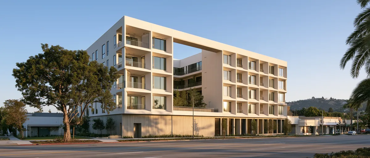 Typology study: six-story apartment building on a wide commercial corridor, a slot cut through the street wall to an open walkway, hard afternoon light.
