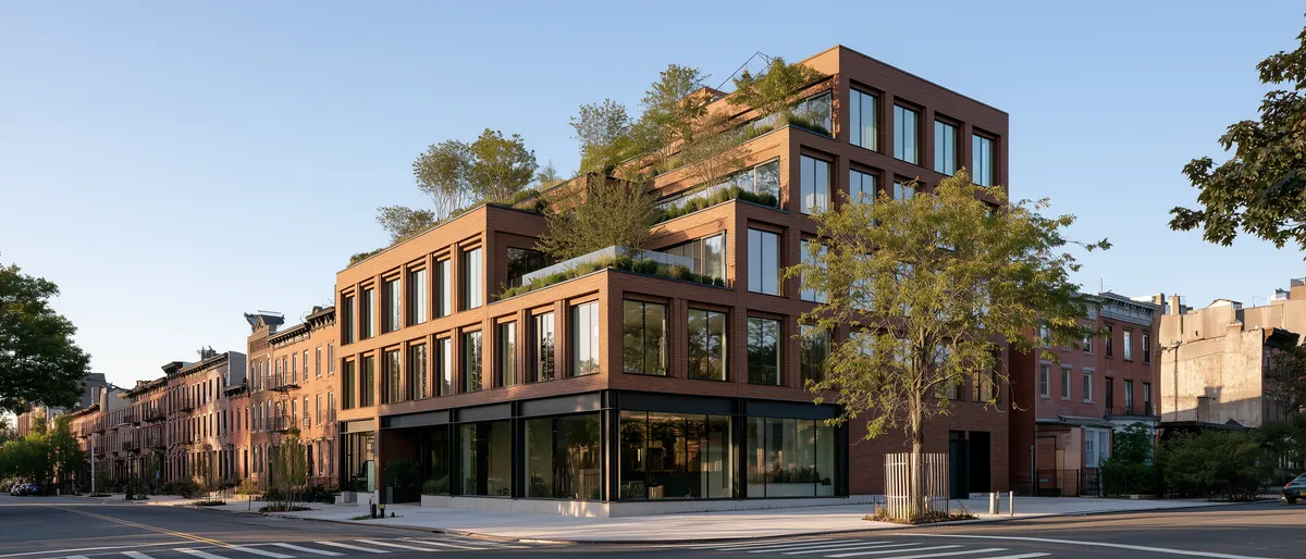 Typology study: brick apartment building on a city corner over a glazed ground floor, planted terraces stepping down one flank, rowhouses beyond.