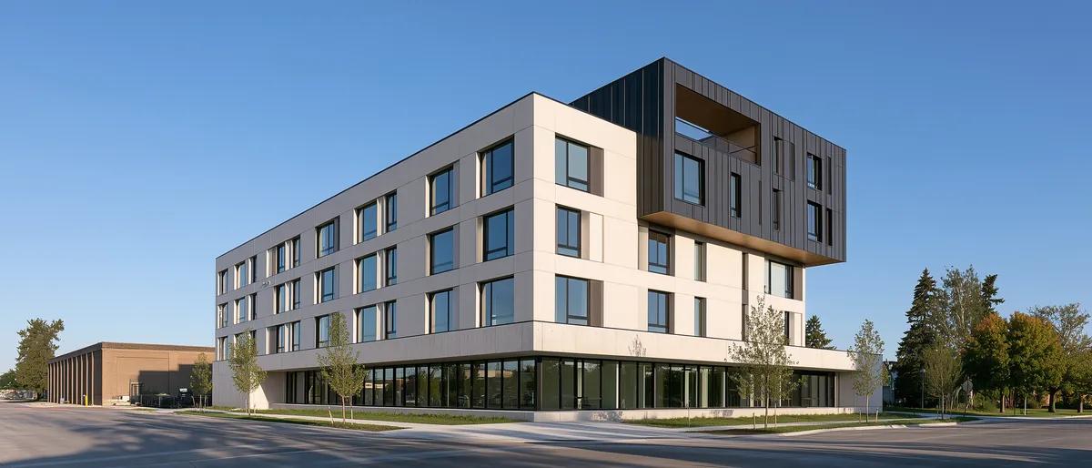 Typology study: five-story apartment building on a wide street, metal and fiber-cement over a concrete base, a notch cut from the top corner.