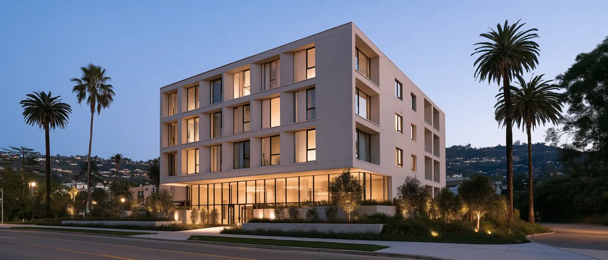 Typology study: seven-story residential building on a wide street at dusk, lit units, palms and a hillside behind.