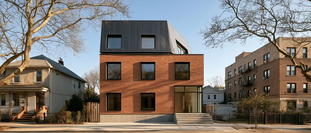 Typology study: four-story brick walk-up between a two-family house and a pre-war apartment block, a dark zinc top floor, bare trees.