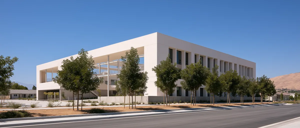 Typology study: three-story wood-frame apartment block in an inland California town.