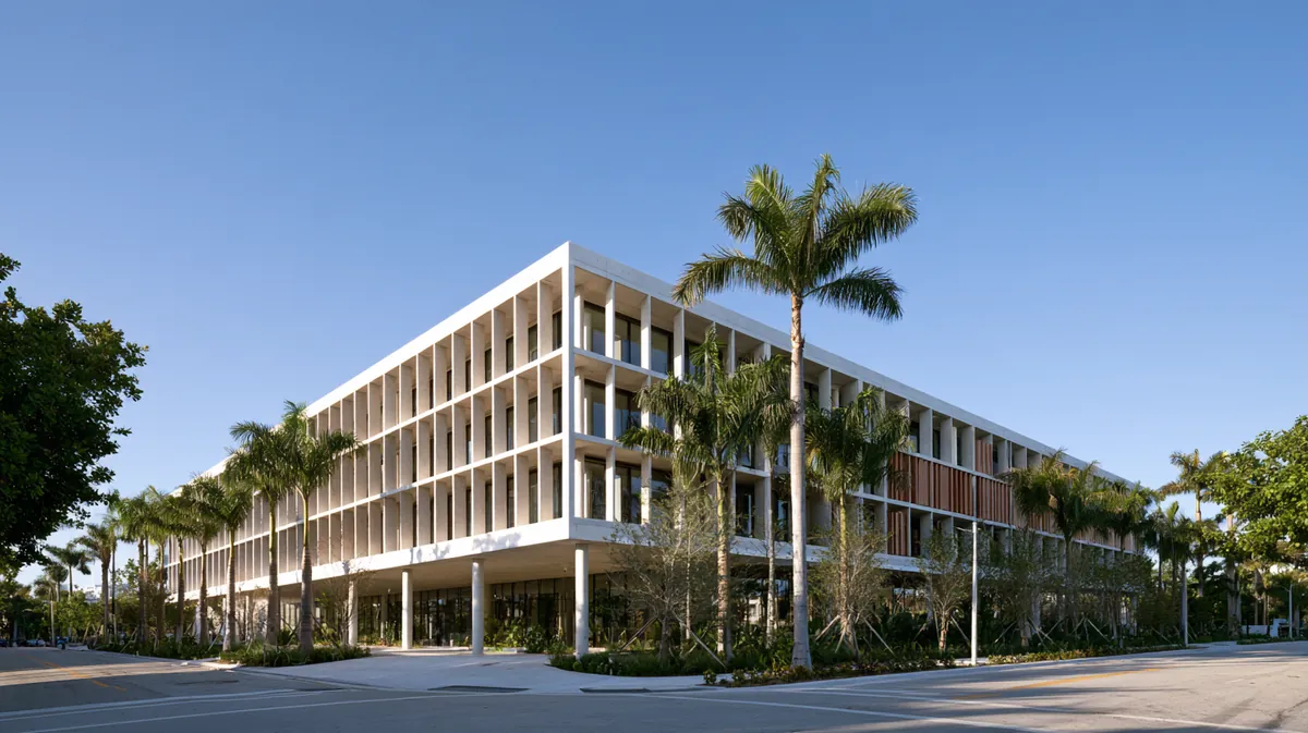 Typology study: eight-story residential building with deep balconies.