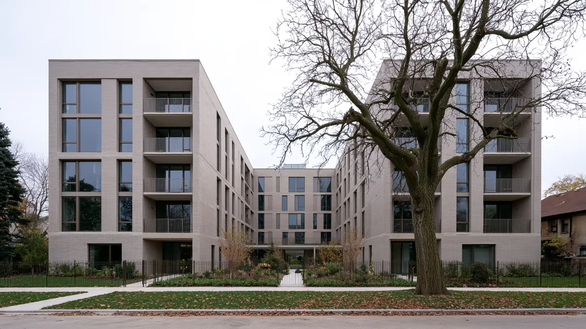 Typology study: five-story brick apartment building behind a large tree.