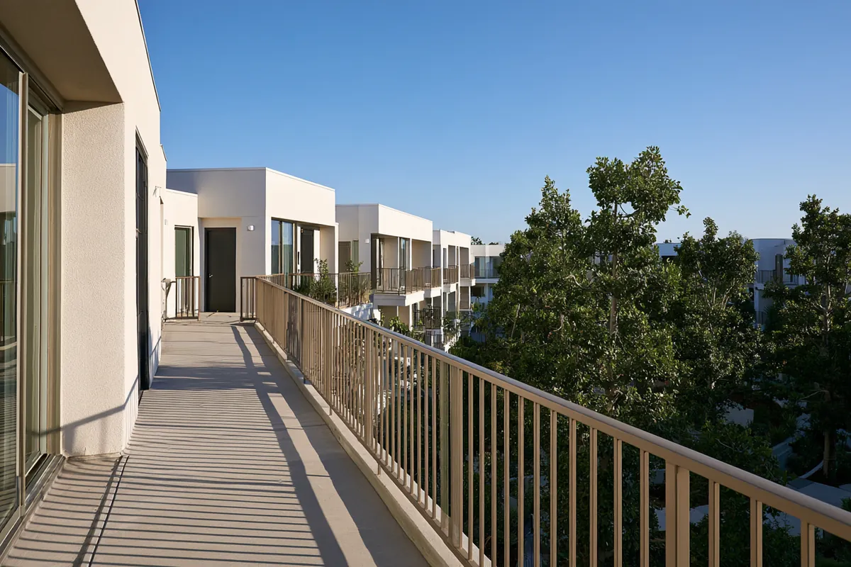 Typology study: open-air walkway on an upper floor, unit doors on one side.