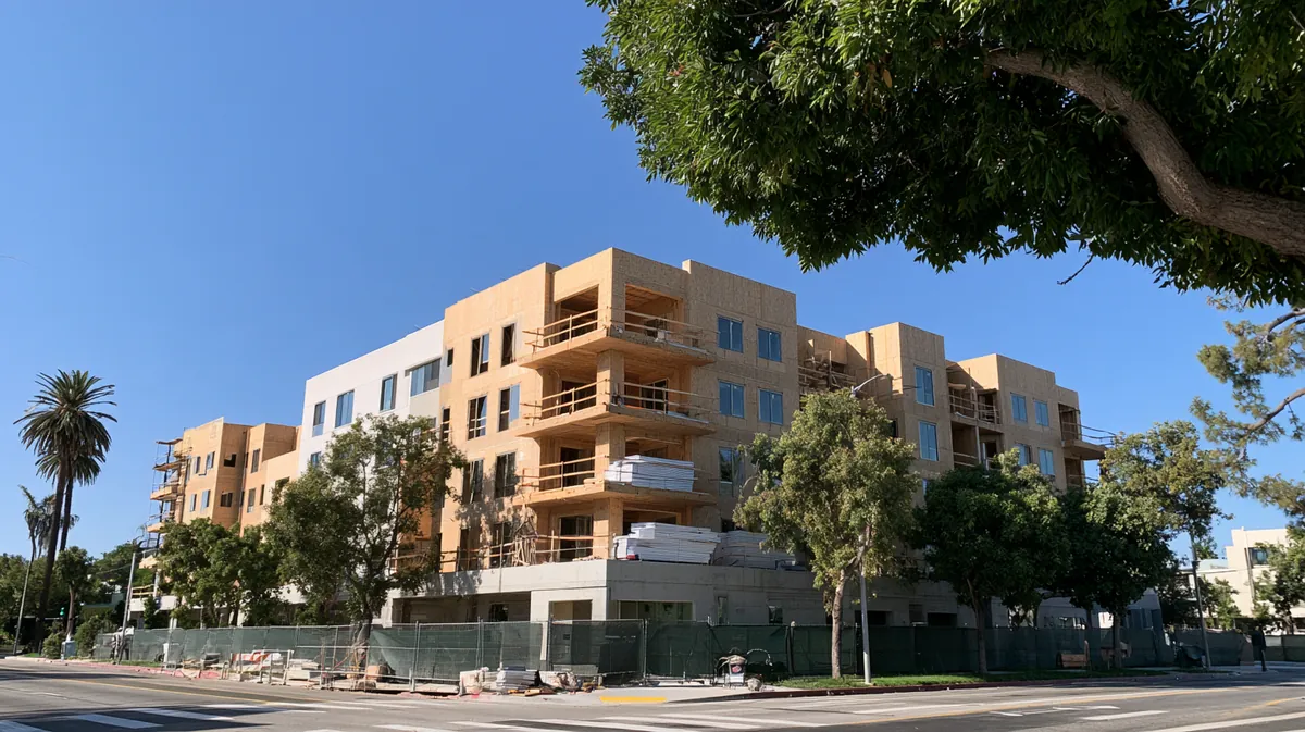 Typology study: five-story wood-frame apartment building on a corner.