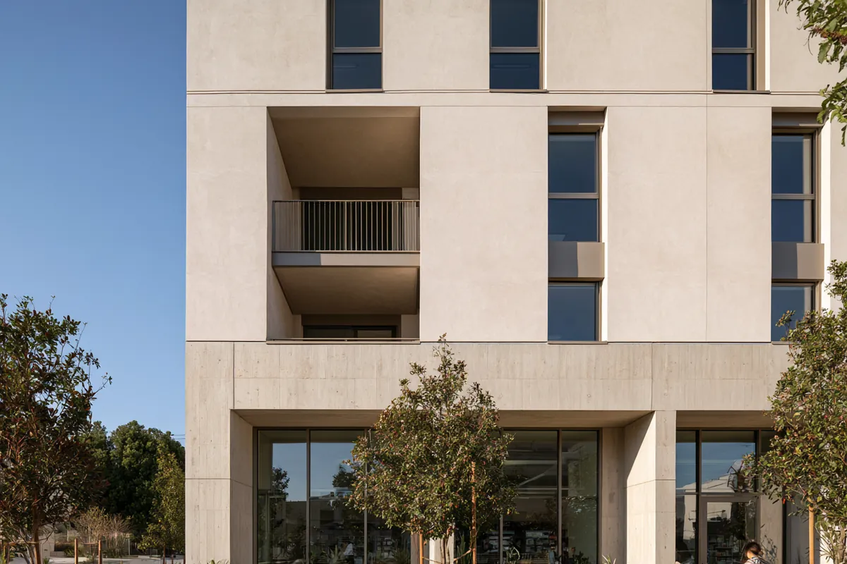 Typology study: the junction of balconies and window reveals on a plaster facade.