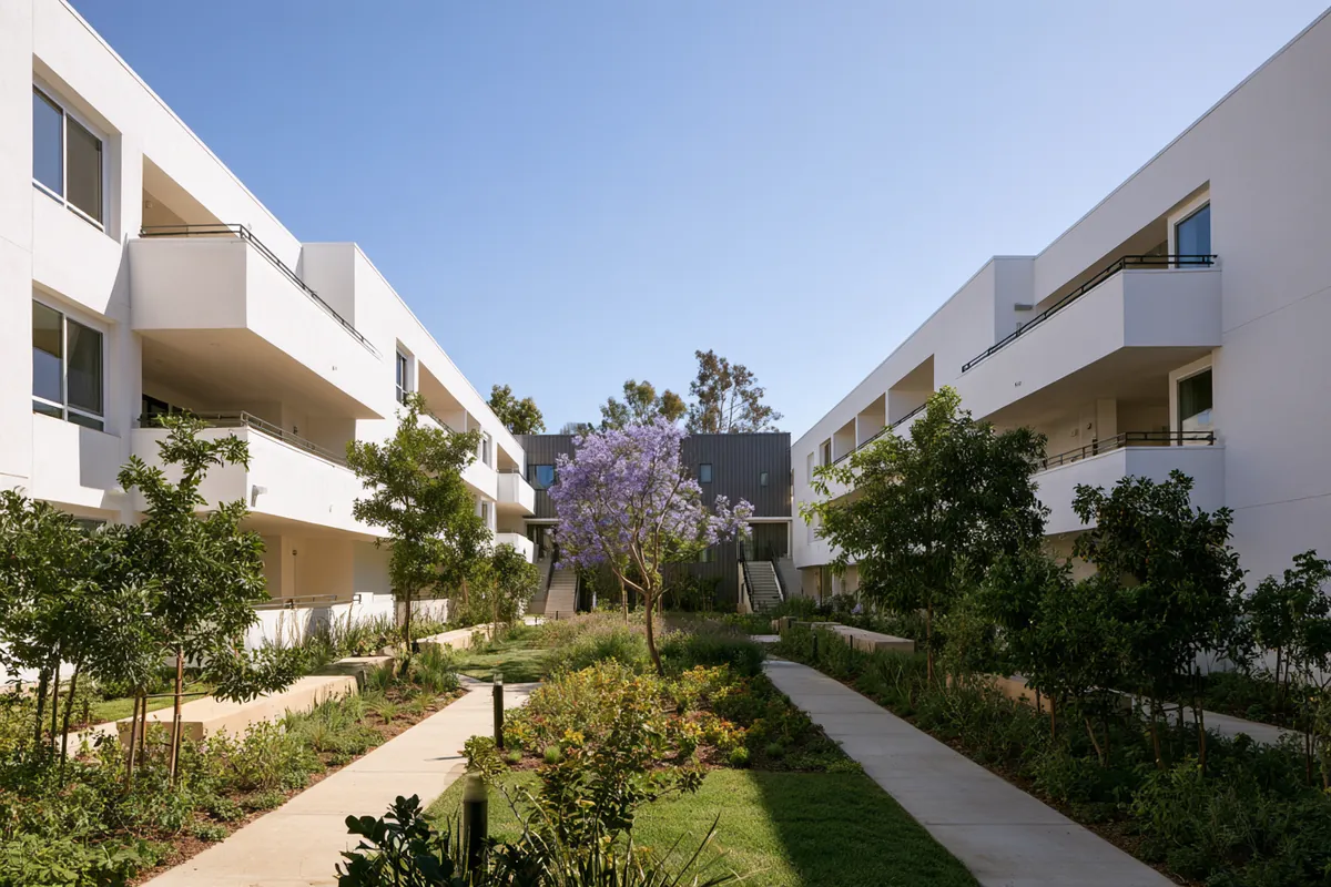 Typology study: looking through an open entry into a planted courtyard.